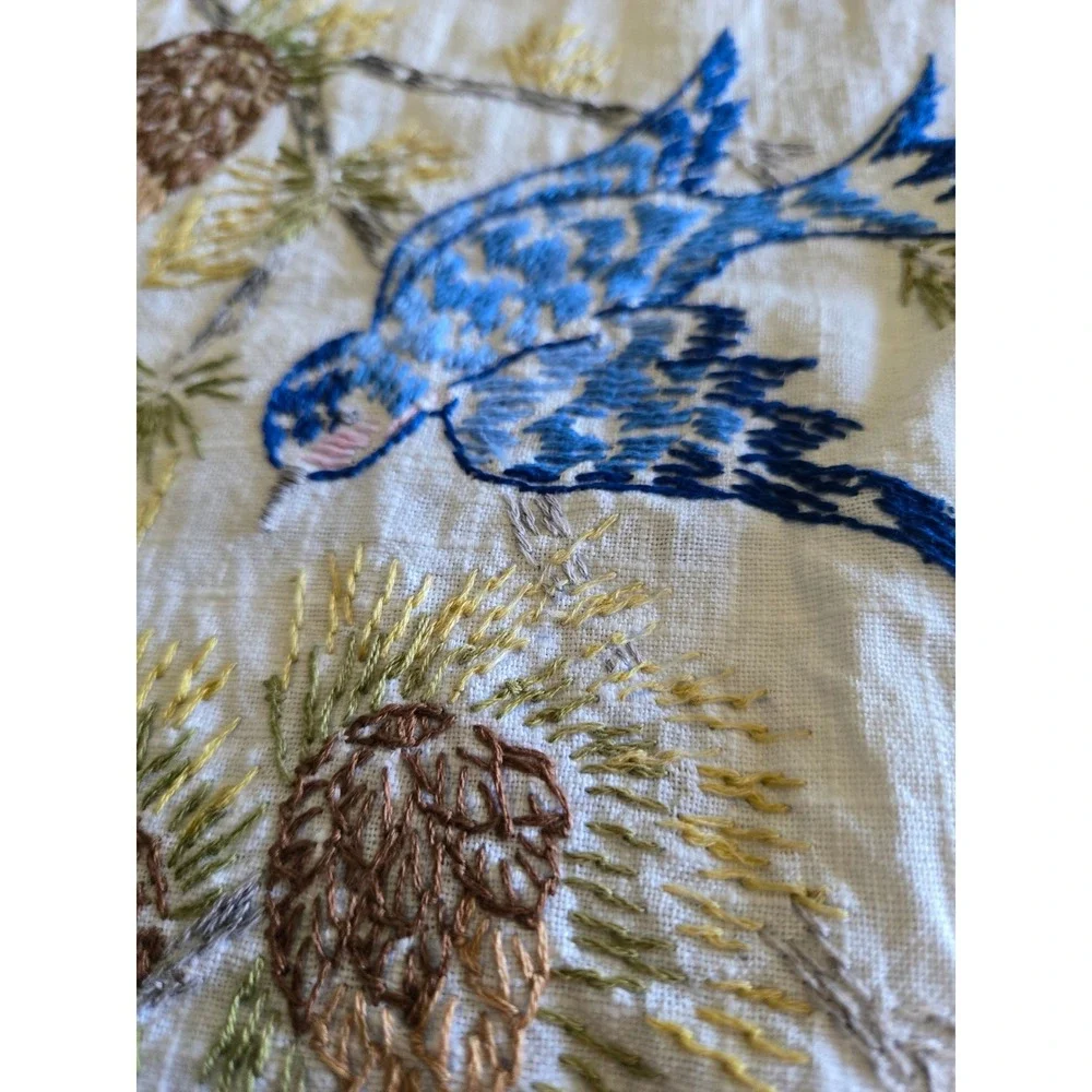 Vintage Hand Embroidered Table Runner Blue Bird Pinecone Lace 13x40 White